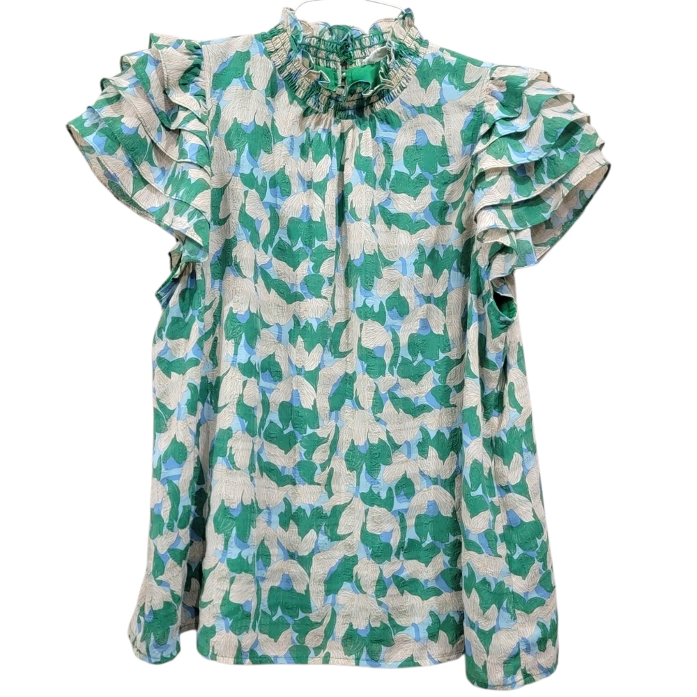 Entro Blouse L Green Blue Abstract Print Ruffle Sleeve Smocked Neck Lined EUC